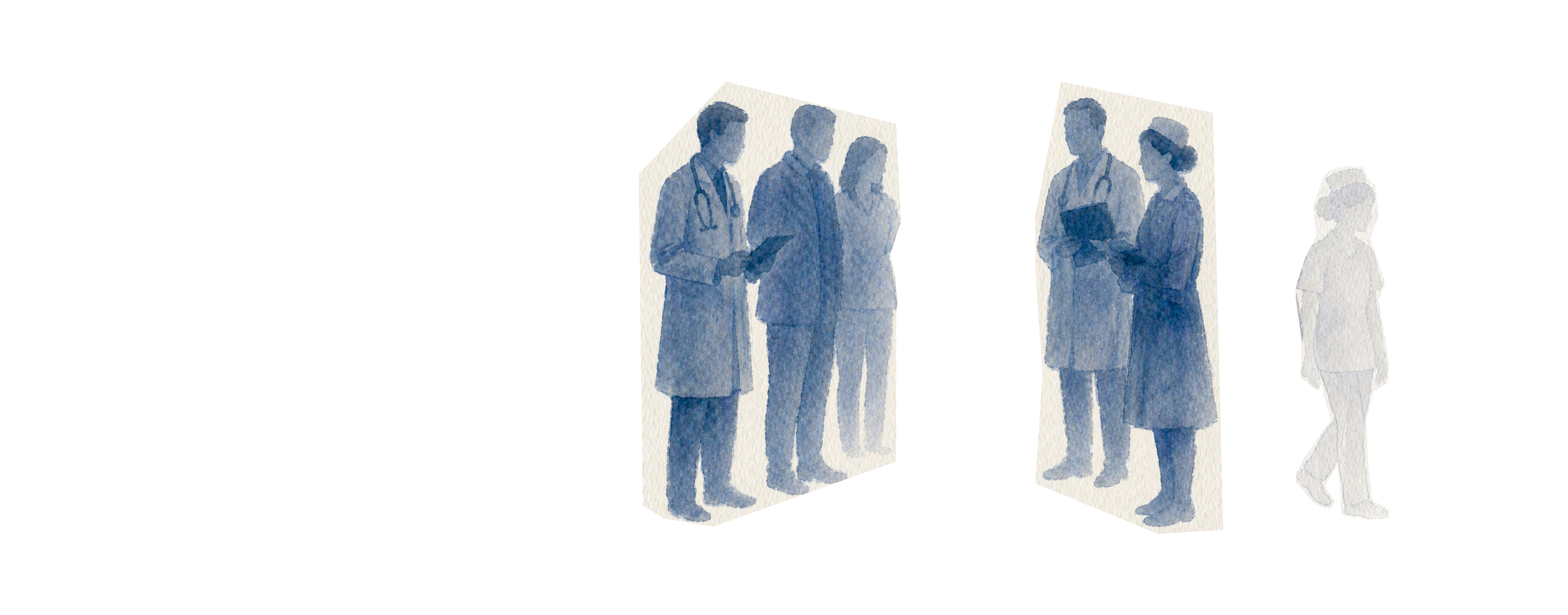Watercolor-style medical staff standing in groups while a faded nurse figure walks away to the right.