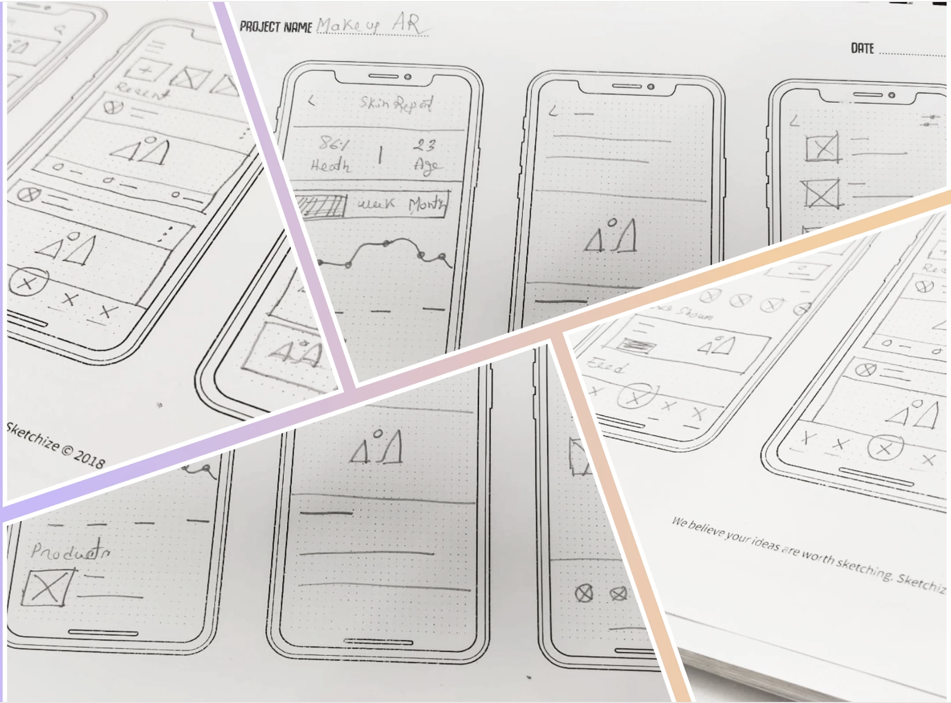 Early low-fidelity sketches exploring makeup discovery, comparison, and personalization flows.